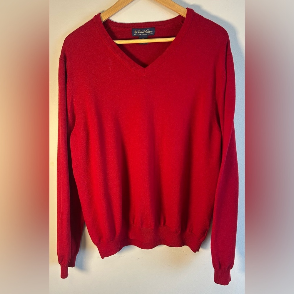 Brooks Brothers Sweater Pullover Extra Fine Italian Merino Wool Sz XL Red V Neck